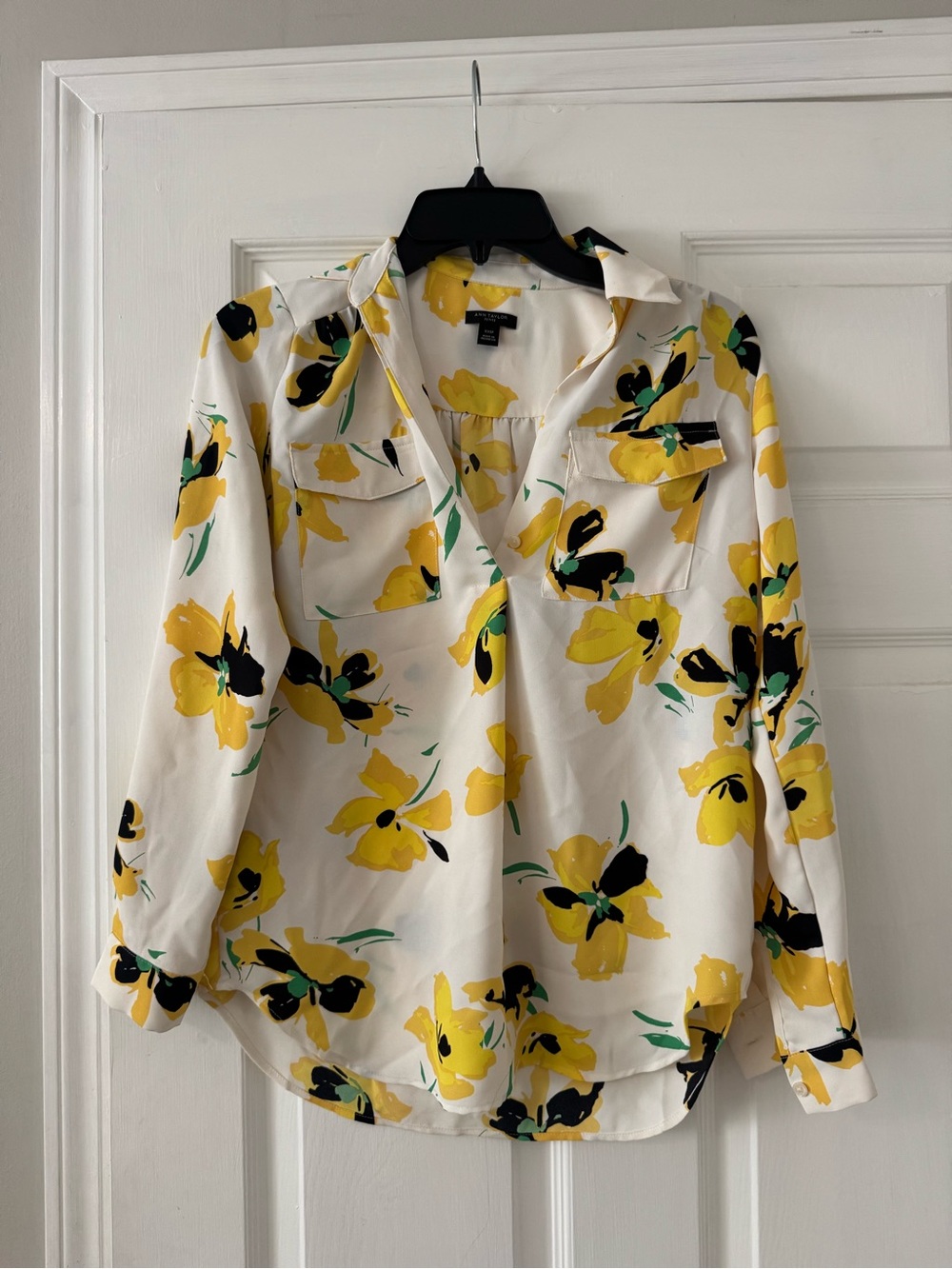Ann Taylor White Button-Down Shirt with Yellow & Black Floral Print
